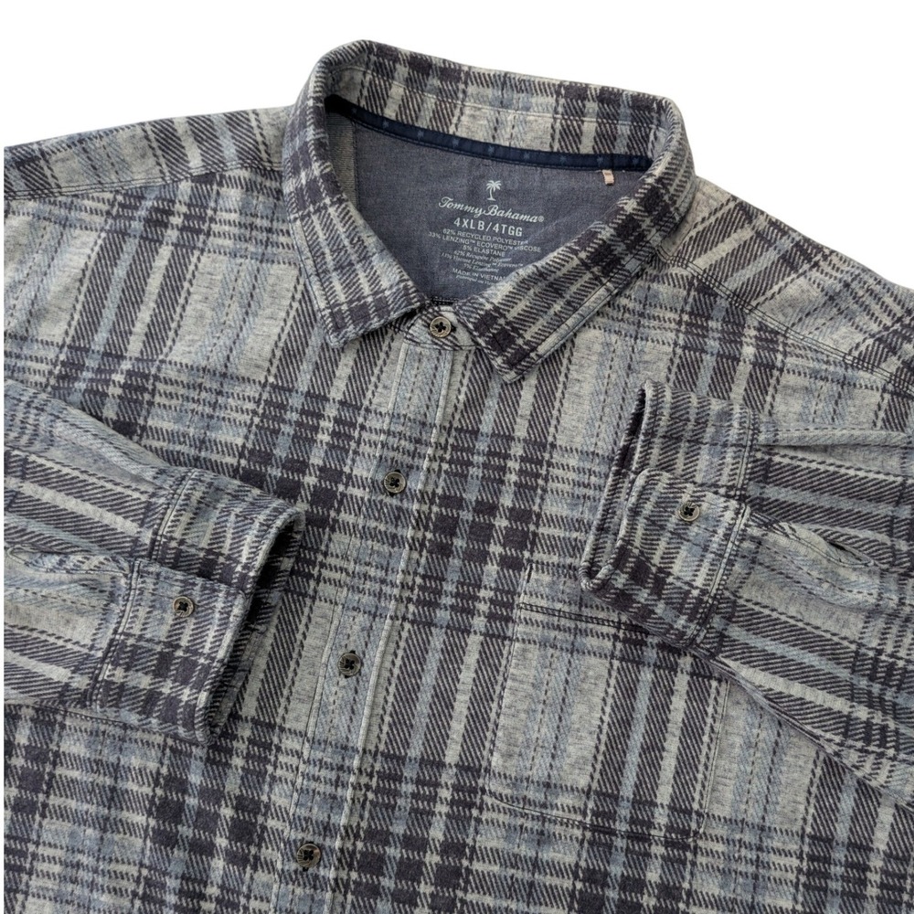 Tommy‎ Bahama Shirt Men's 4XLT Gray Blue Plaid Button Up Stretch Long Sleeve